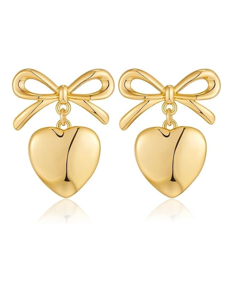 Gold Heart Dangle Earrings For Women Ribbon Bow Dangle Earrings Gold $8.09 Earrings