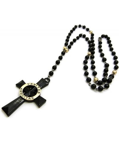 Veritas Aequitas Cross Pendant with 6mm 30" Black and Color Stone Bead Rosary Necklace Gold-Tone $10.26 Necklaces