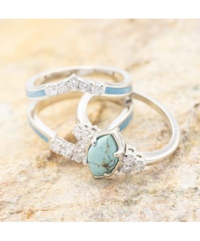 3 PCS Ring Set Natural Turquoise Diamond Rings Western Jewelry Turquoise Silver Color Rings for Women Bohemian Joint Knuckle ...