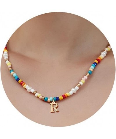 Colorful Beaded Initial Necklaces for Women Girls, Beaded Choker y2k Rainbow Beaded Necklace Gold Tiny Letter A-Z Pendant Han...