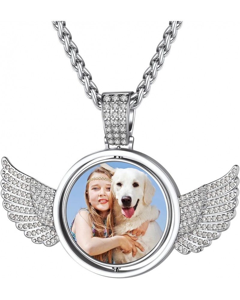 Angel Wings Picture Necklace Personalized,Spinning Pendant Double Side Photos Custom Memory Chain 18K Gold/Platinum Plated/Bl...