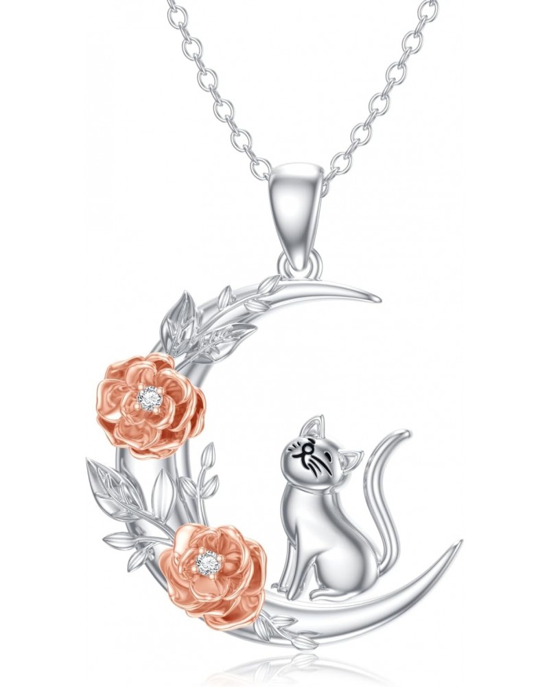 Cat Necklace 925 Sterling Silver Crescent Moon Flower Pendant with Diamonds Cute Animal Jewelry Gifts for Cat Lovers Women Gi...