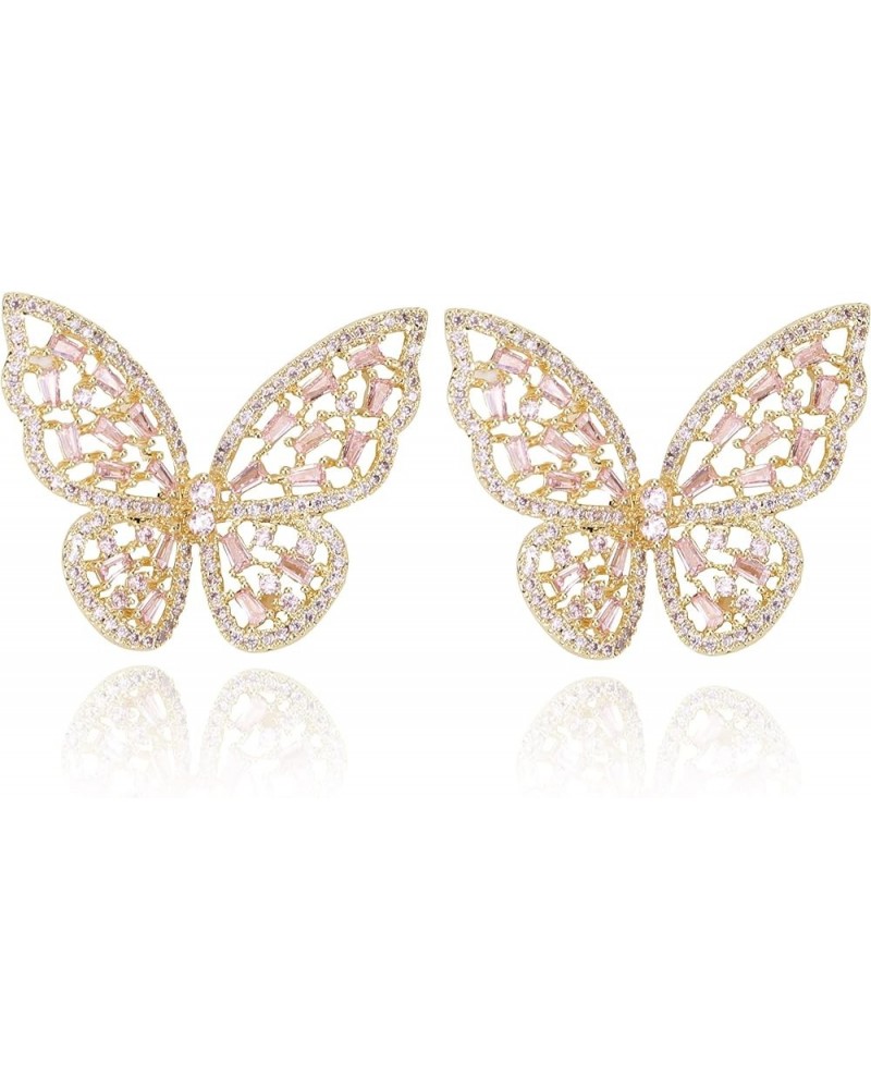 Pave CZ Butterfly Earrings For Women 18K Gold Plated Drop/Dangle Cubic Zirconia Earrings Made With Sterling Silver Post Pink ...