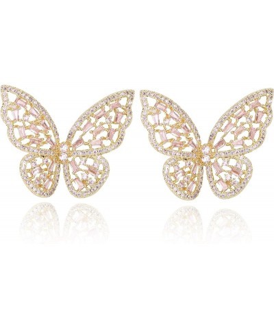 Pave CZ Butterfly Earrings For Women 18K Gold Plated Drop/Dangle Cubic Zirconia Earrings Made With Sterling Silver Post Pink ...