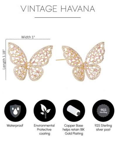 Pave CZ Butterfly Earrings For Women 18K Gold Plated Drop/Dangle Cubic Zirconia Earrings Made With Sterling Silver Post Pink ...