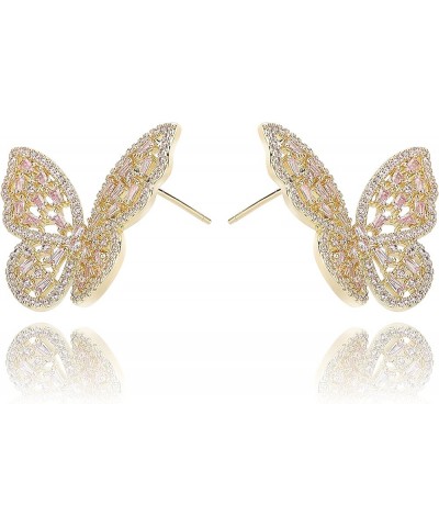 Pave CZ Butterfly Earrings For Women 18K Gold Plated Drop/Dangle Cubic Zirconia Earrings Made With Sterling Silver Post Pink ...