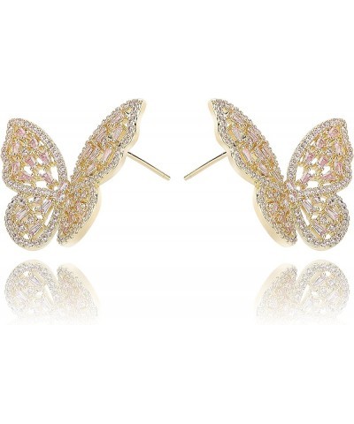 Pave CZ Butterfly Earrings For Women 18K Gold Plated Drop/Dangle Cubic Zirconia Earrings Made With Sterling Silver Post Pink ...