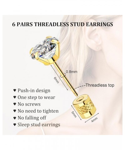 Threadless Flat Back Stud Earrings, 6 Pairs Titanium Hypoallergenic Earrings for Women Men, Cubic Zirconia Silver Gold Stud E...