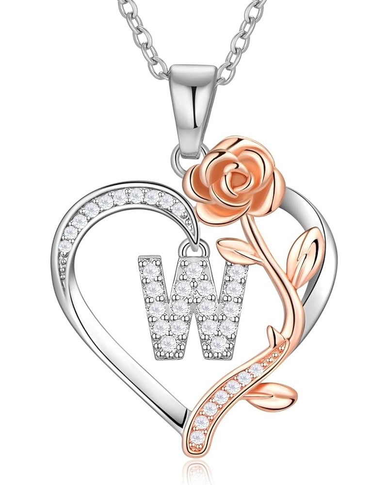 Rose Heart Initial Necklace Gifts for Women, S925 Sterling Silver Initial Letter Necklaces for Wife, Heart Letter Pendant Nec...