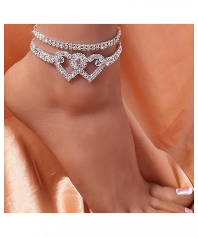 Trendy Love Heart Rhinestone Ankle Bracelets for Women Sexy Full Diamond Versatile Shiny Beach Anklets Adjustable Silver Ankl...