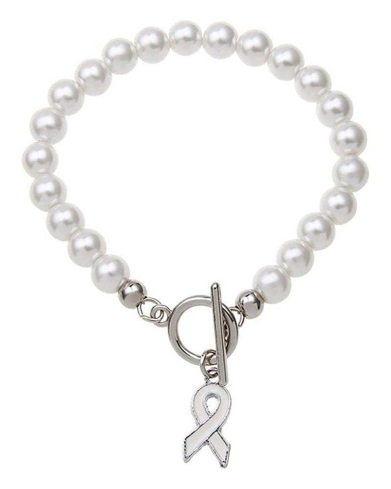 White Ribbon Simulated Pearls Toggle Clasp Link Bracelet 7.87" Length ZB1119 $8.69 Bracelets