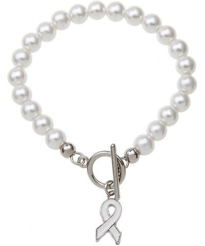 White Ribbon Simulated Pearls Toggle Clasp Link Bracelet 7.87" Length ZB1119 $8.69 Bracelets