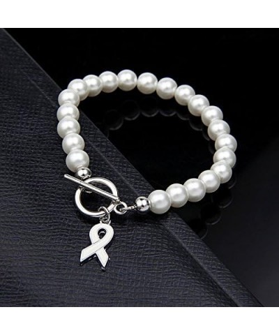 White Ribbon Simulated Pearls Toggle Clasp Link Bracelet 7.87" Length ZB1119 $8.69 Bracelets