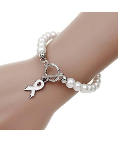 White Ribbon Simulated Pearls Toggle Clasp Link Bracelet 7.87" Length ZB1119 $8.69 Bracelets