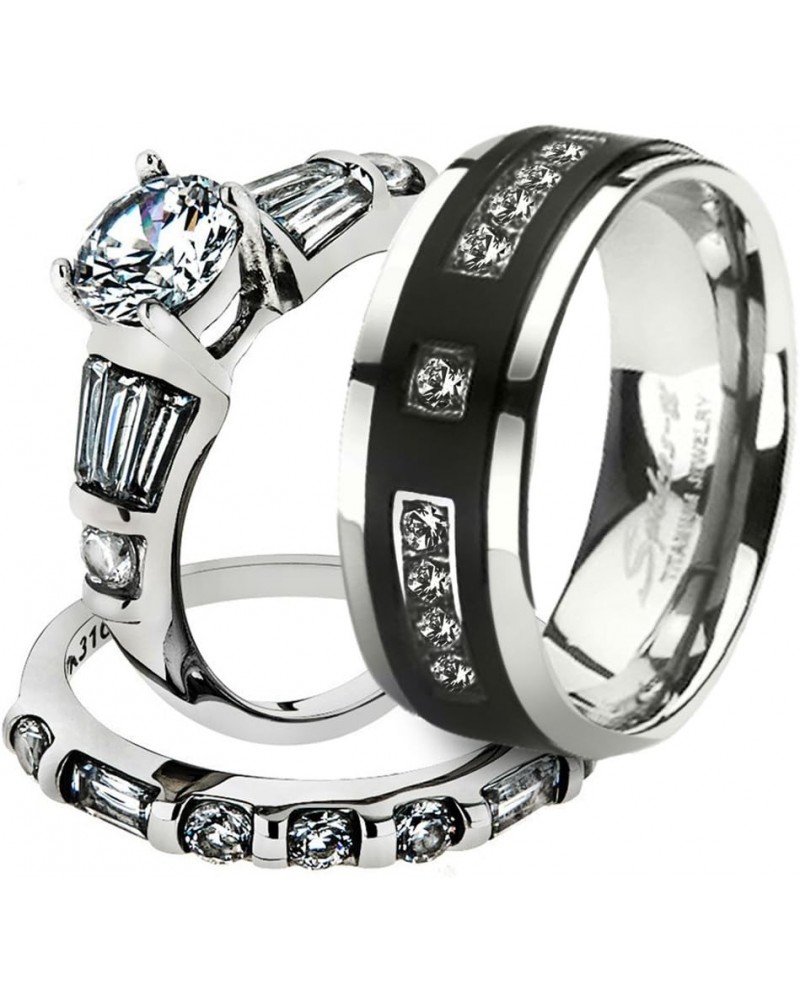 His and Her Stainless Steel 2.50 Carat Cubic Zirconia Bridal Set and Men's Titanium Wedding Band Women's Size 10 Men's Size 0...