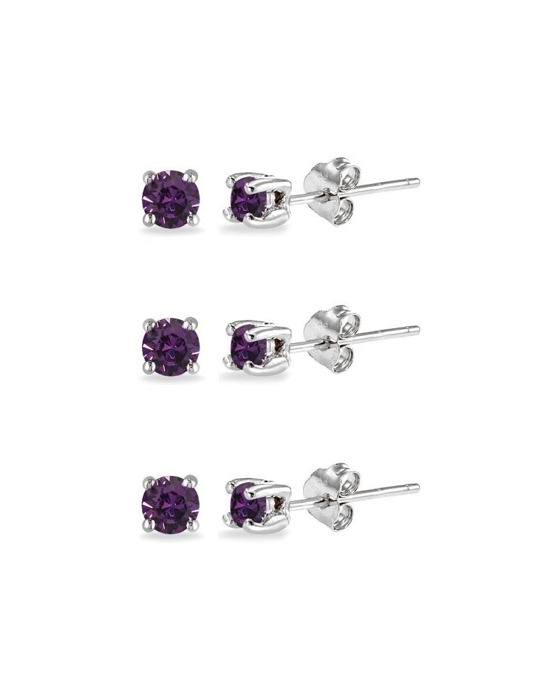 3-Pair Set Sterling Silver 4mm Round Colored Crystal Stud Earrings Set Made with European Crystals February - Purple $10.00 E...