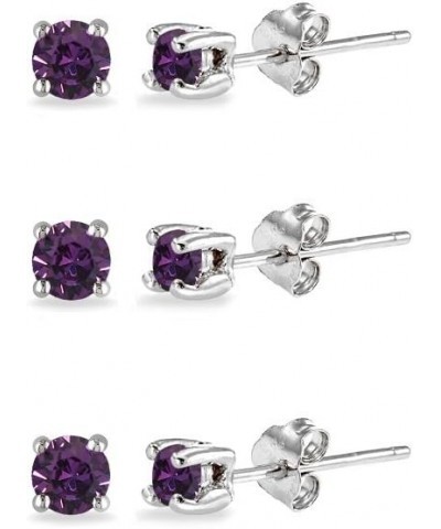 3-Pair Set Sterling Silver 4mm Round Colored Crystal Stud Earrings Set Made with European Crystals February - Purple $10.00 E...