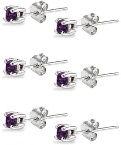 3-Pair Set Sterling Silver 4mm Round Colored Crystal Stud Earrings Set Made with European Crystals February - Purple $10.00 E...