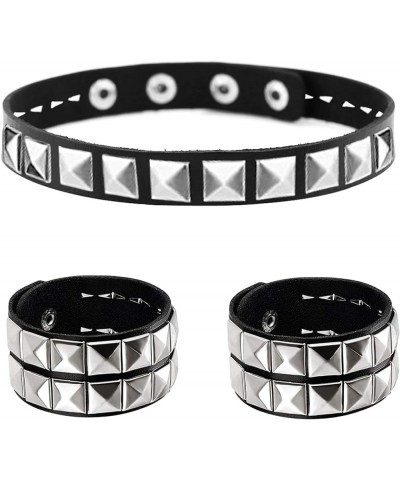 Pyramid Studded Choker Necklace and Bracelets for Men Women-80s Leather Wristband Wrist Cuff Armband Set -Punk Rock Emo Goth ...