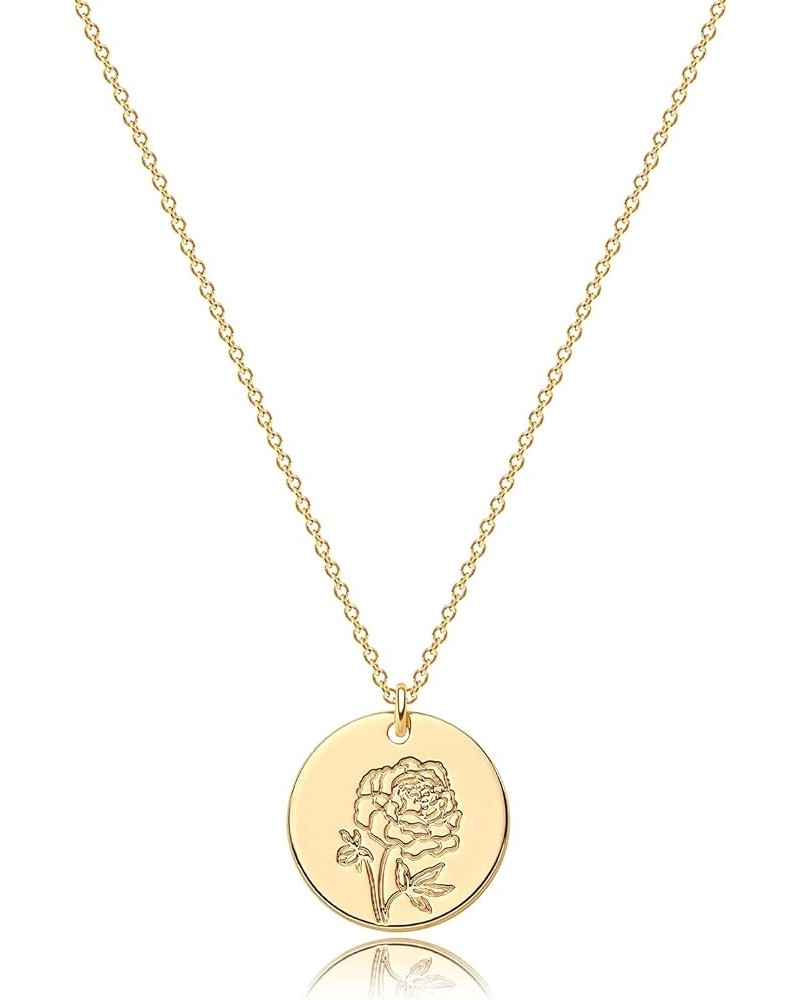 Birth Month Flower Necklace 14k Gold Plated Dainty Simple Birth Month Engraved Custom Floral Pendant Necklace Charm Disc Coin...