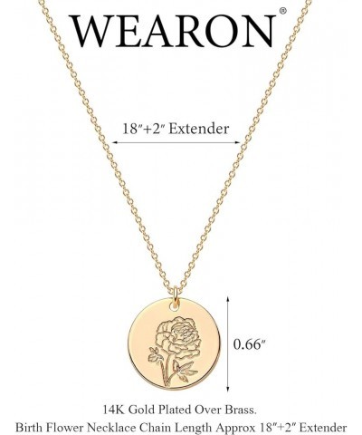 Birth Month Flower Necklace 14k Gold Plated Dainty Simple Birth Month Engraved Custom Floral Pendant Necklace Charm Disc Coin...