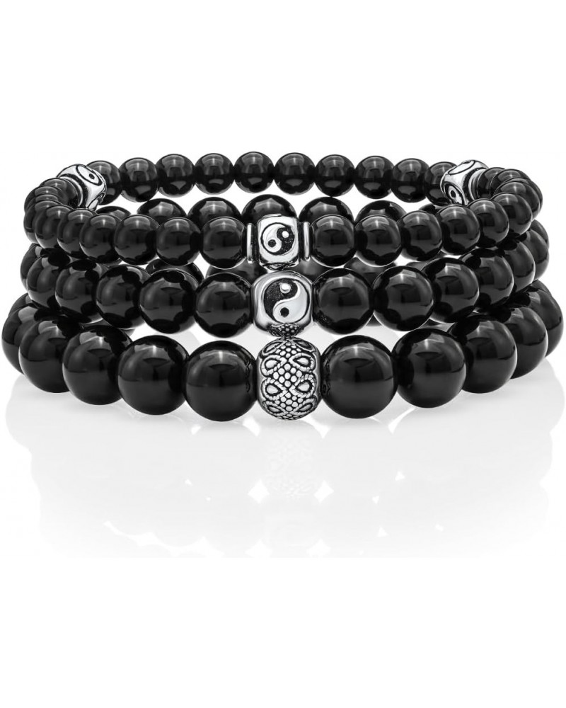 Black Onyx Beaded Bracelet 6/8/10MM Dia Stones with 925 Sterling Silver Beads for Men and Women 3 x YinYang - 6mm - Size M $4...