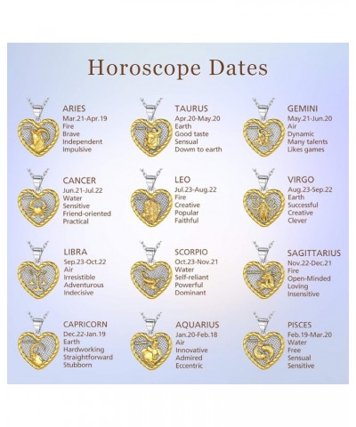 925 Sterling Silver Zodiac Sign Neckalce Horoscope Constellation Astrology Heart Pendant Birthday Gift Fashion Silver&Gold Tw...