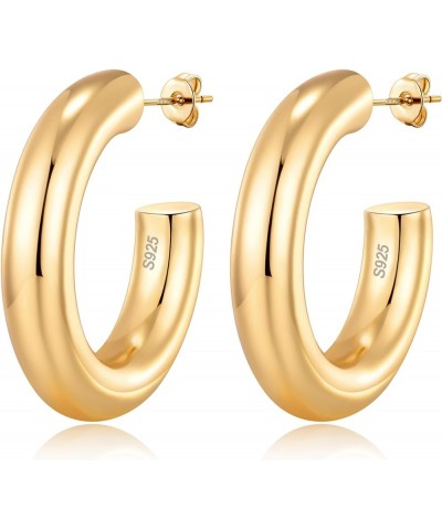 C Shape 14K Real Gold Plated Thick Open Hoops Sterling Silver Thick Hoop Earrings Lightweight Small Medium Chunky Gold Hoop E...