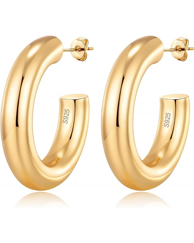 C Shape 14K Real Gold Plated Thick Open Hoops Sterling Silver Thick Hoop Earrings Lightweight Small Medium Chunky Gold Hoop E...