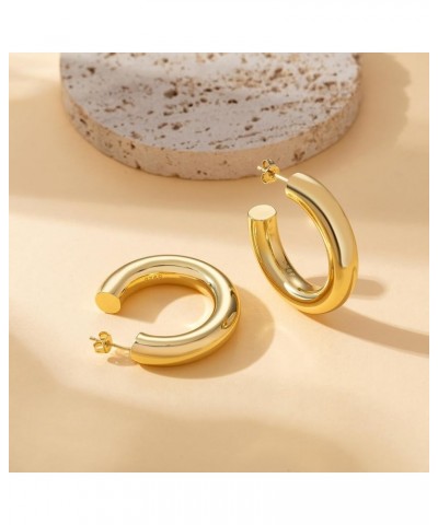 C Shape 14K Real Gold Plated Thick Open Hoops Sterling Silver Thick Hoop Earrings Lightweight Small Medium Chunky Gold Hoop E...