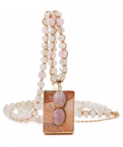 Retro Hand knotted Beaded Long Strand Necklace with Square Stone Pendant Rose Quartz/Picture Jasper $11.27 Necklaces