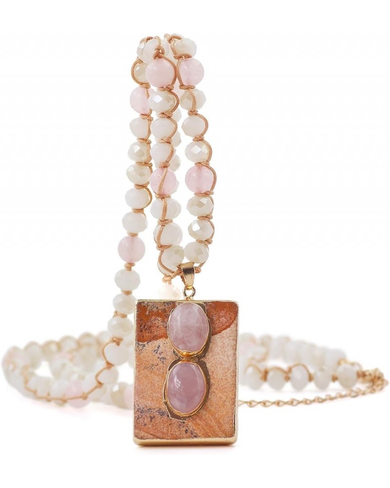 Retro Hand knotted Beaded Long Strand Necklace with Square Stone Pendant Rose Quartz/Picture Jasper $11.27 Necklaces