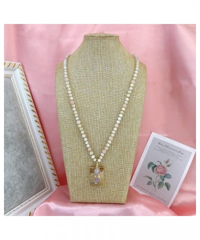 Retro Hand knotted Beaded Long Strand Necklace with Square Stone Pendant Rose Quartz/Picture Jasper $11.27 Necklaces