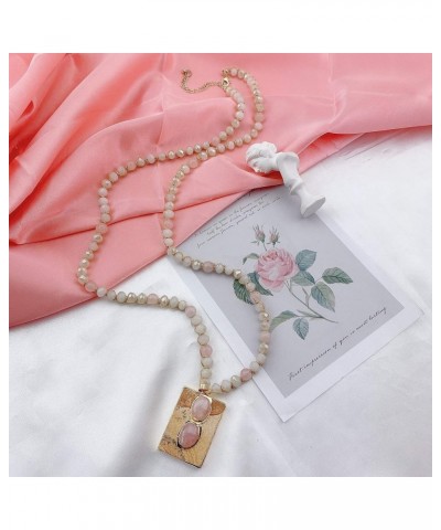 Retro Hand knotted Beaded Long Strand Necklace with Square Stone Pendant Rose Quartz/Picture Jasper $11.27 Necklaces