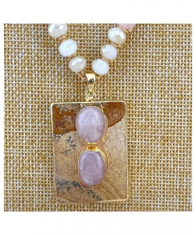 Retro Hand knotted Beaded Long Strand Necklace with Square Stone Pendant Rose Quartz/Picture Jasper $11.27 Necklaces