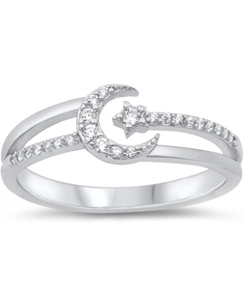 Clear CZ Open Crescent Moon Star Studded Beautiful Ring New .925 Sterling Silver Band Sizes 4-10 $13.15 Rings