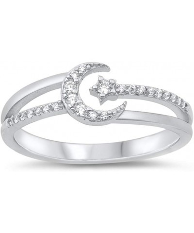 Clear CZ Open Crescent Moon Star Studded Beautiful Ring New .925 Sterling Silver Band Sizes 4-10 $13.15 Rings