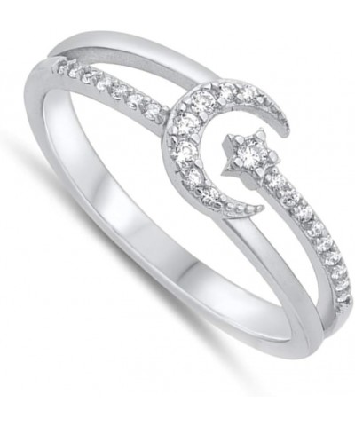 Clear CZ Open Crescent Moon Star Studded Beautiful Ring New .925 Sterling Silver Band Sizes 4-10 $13.15 Rings