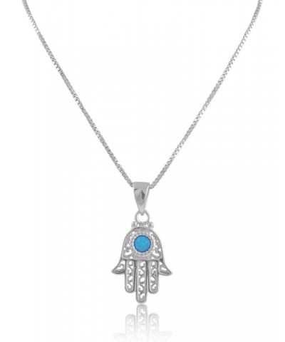 Rhodium Plated Sterling Silver Womens Created Blue Opal Evil Eye Hamsa Necklace 18" Hand of Fatima Necklace $15.57 Necklaces