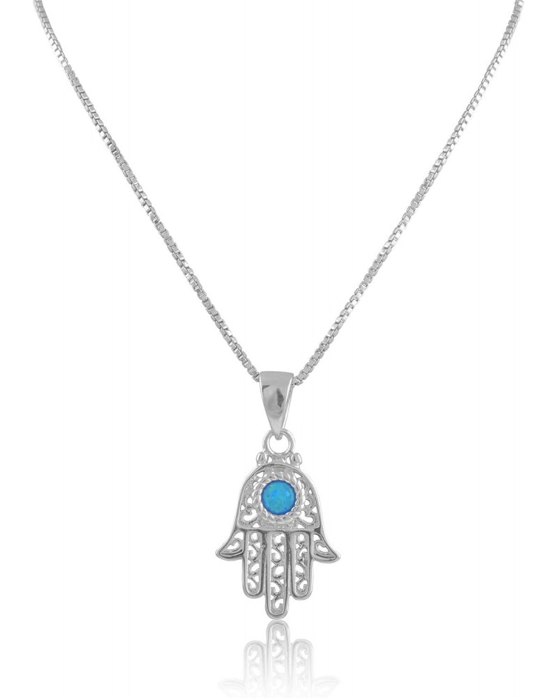 Rhodium Plated Sterling Silver Womens Created Blue Opal Evil Eye Hamsa Necklace 18" Hand of Fatima Necklace $15.57 Necklaces