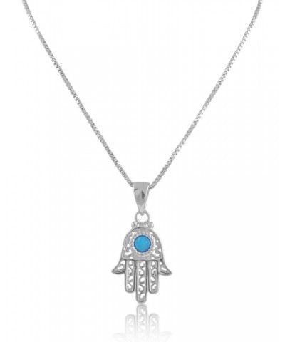 Rhodium Plated Sterling Silver Womens Created Blue Opal Evil Eye Hamsa Necklace 18" Hand of Fatima Necklace $15.57 Necklaces