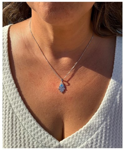 Rhodium Plated Sterling Silver Womens Created Blue Opal Evil Eye Hamsa Necklace 18" Hand of Fatima Necklace $15.57 Necklaces