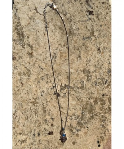 Rhodium Plated Sterling Silver Womens Created Blue Opal Evil Eye Hamsa Necklace 18" Hand of Fatima Necklace $15.57 Necklaces