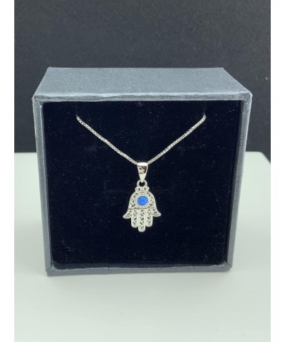 Rhodium Plated Sterling Silver Womens Created Blue Opal Evil Eye Hamsa Necklace 18" Hand of Fatima Necklace $15.57 Necklaces