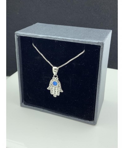 Rhodium Plated Sterling Silver Womens Created Blue Opal Evil Eye Hamsa Necklace 18" Hand of Fatima Necklace $15.57 Necklaces