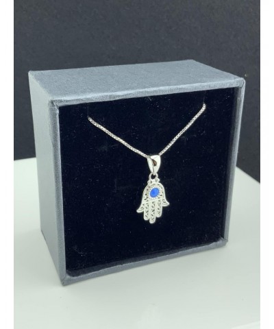 Rhodium Plated Sterling Silver Womens Created Blue Opal Evil Eye Hamsa Necklace 18" Hand of Fatima Necklace $15.57 Necklaces