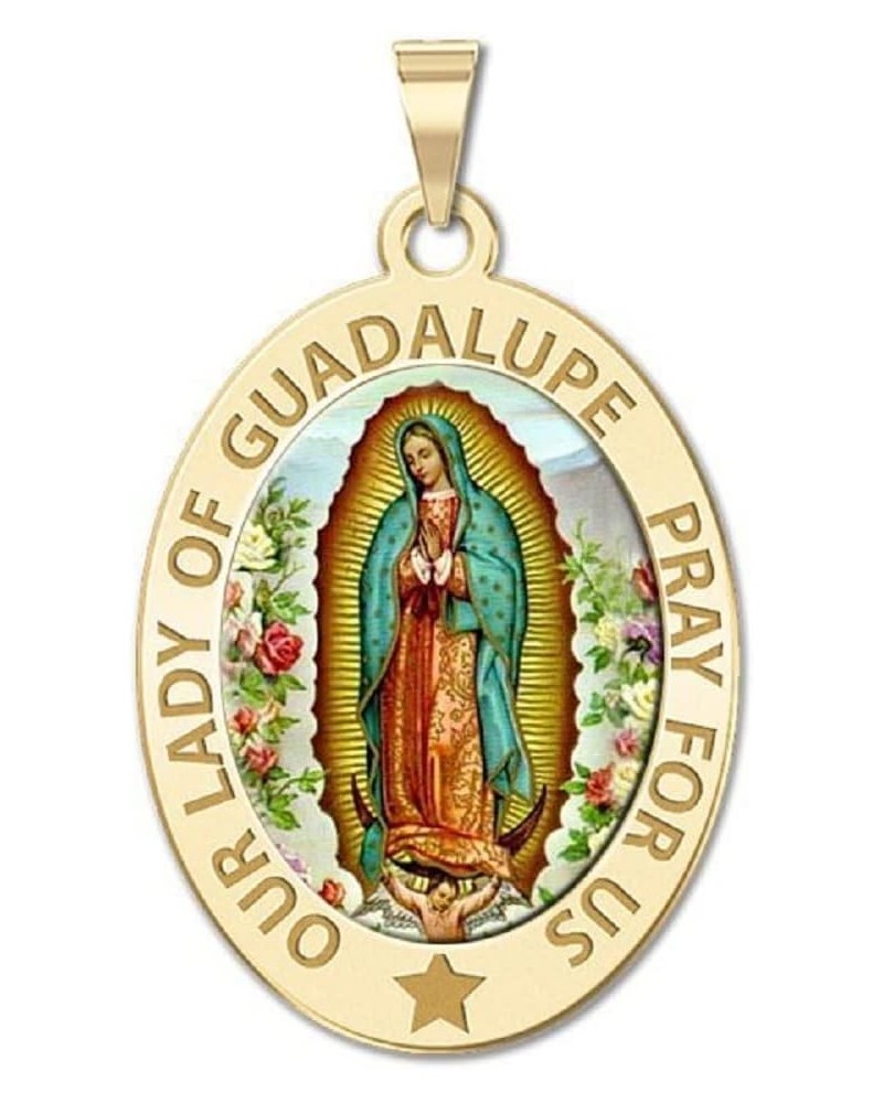 Our Lady of Guadalupe Religious Medal Oval - in Sterling Silver and 10K or 14K Gold 1/2 x 2/3 Inch Medal + Engraving 10k Yell...