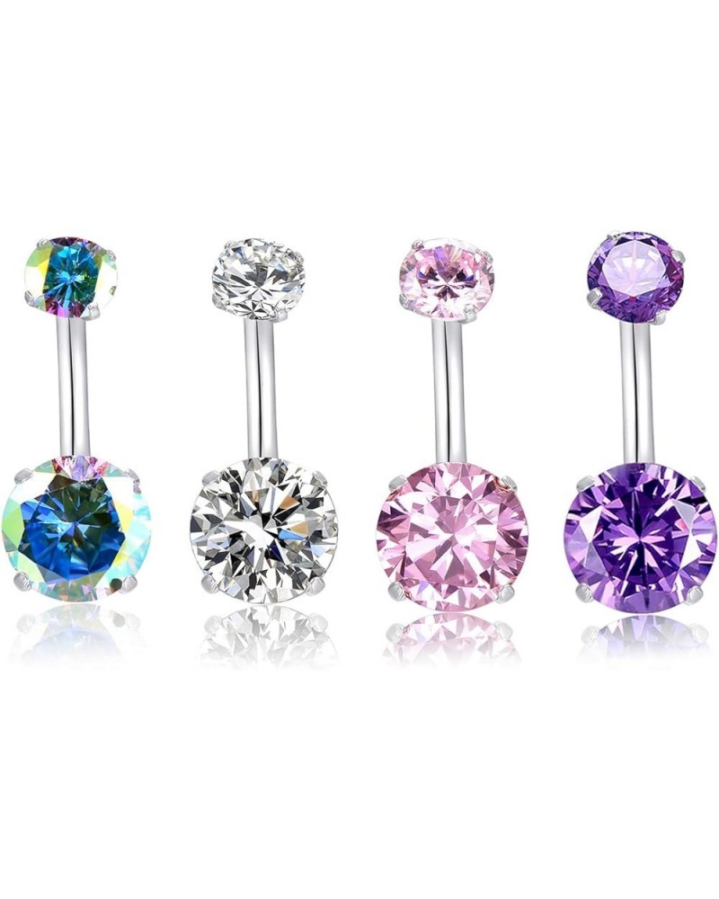 14G Belly Button Rings Surgical Stainless Steel Round Cubic Zirconia Navel Barbell Stud Body Piercing 4Pcs(Clear+Pink+Purple+...