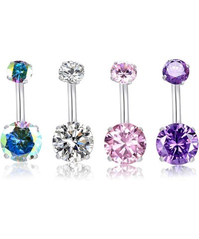 14G Belly Button Rings Surgical Stainless Steel Round Cubic Zirconia Navel Barbell Stud Body Piercing 4Pcs(Clear+Pink+Purple+...