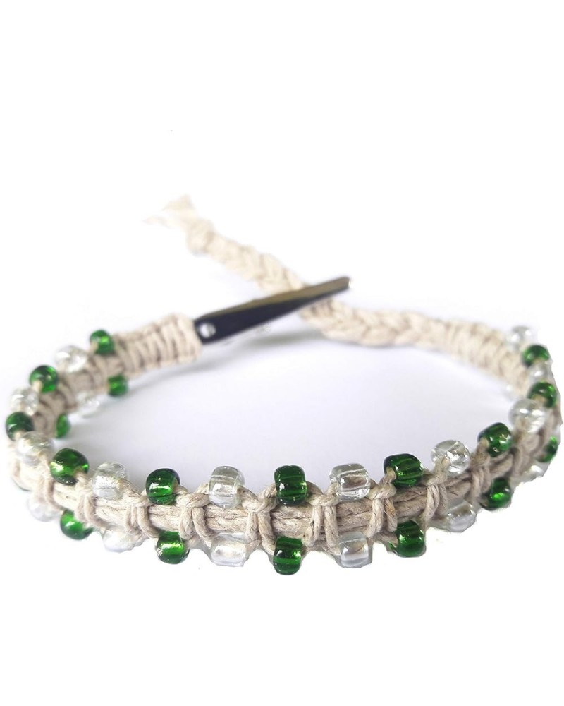 Glass Beaded Adjustable Alligator Clip Natural Hemp Bracelet - Handmade Green $9.34 Bracelets